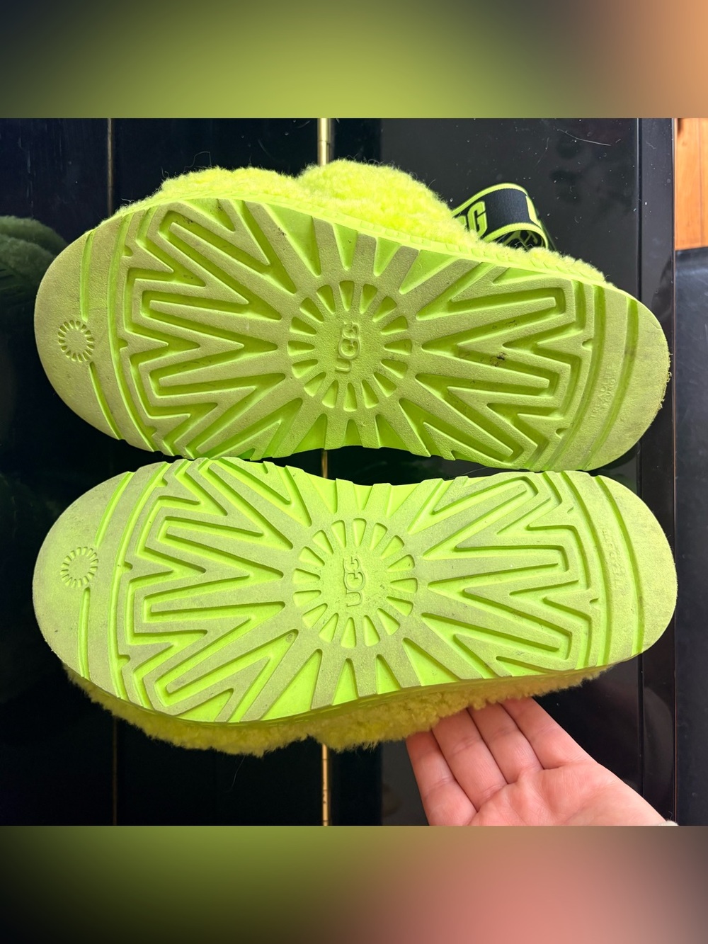 UGG Neon Yellow Fluff Slide with Branded Elastic Strap - Picture 3 of 5